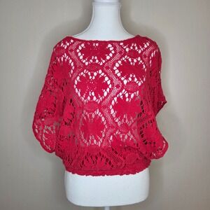 Trina Turk Red 100% Cotton Crochet Blouse Boho Elastic Waist Size M